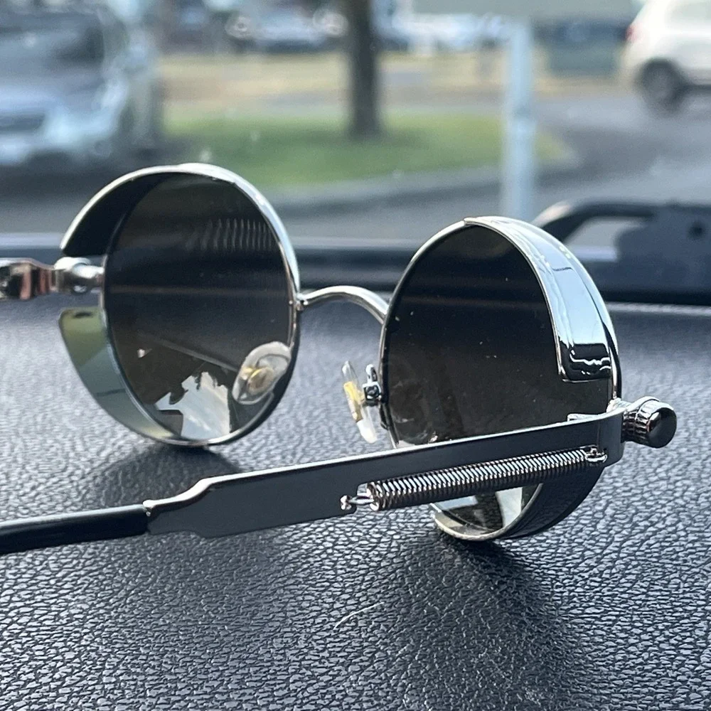 Steampunk Round Sunglasses MSP567 Silver Metal Black Lens 46/19/135 Design Italy